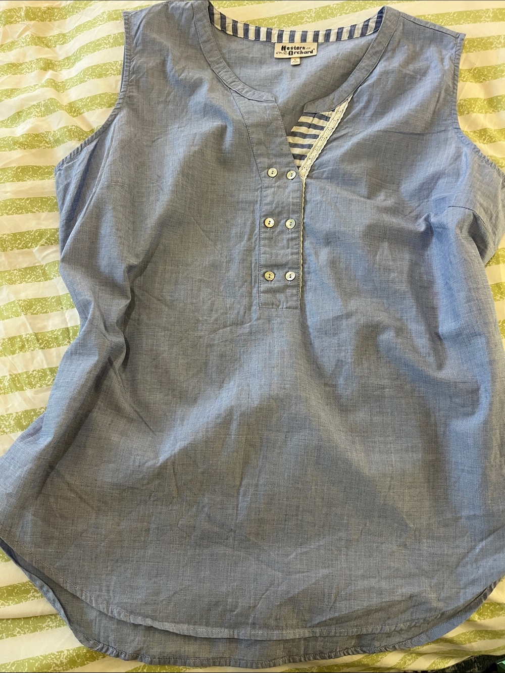 Hesters Orchard light Blue Sleeveless Ladies L Henley Tank Top with Striped Trim